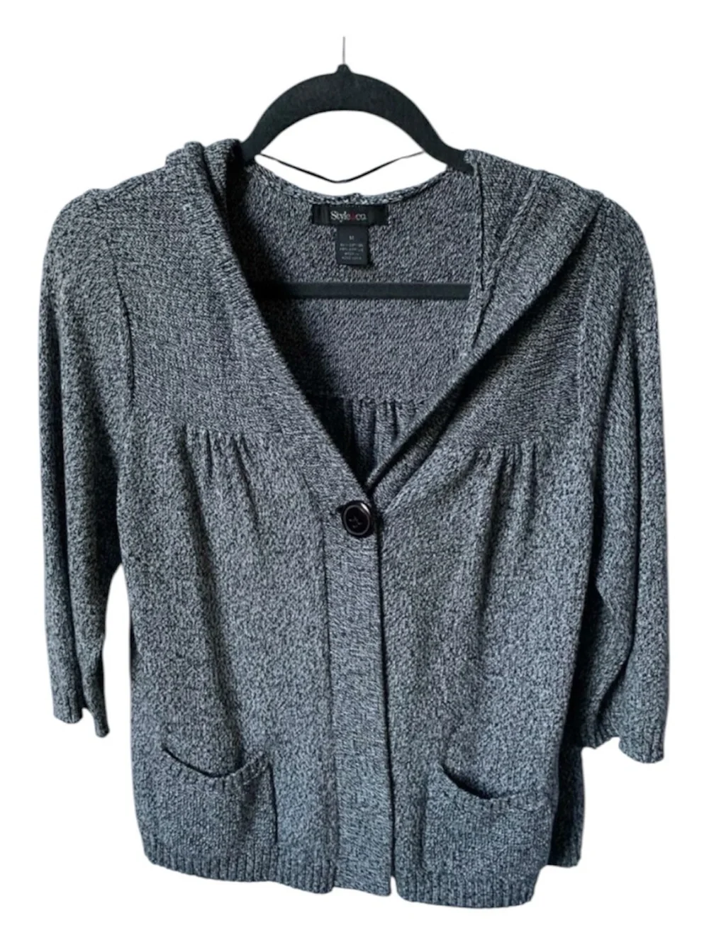 Style & Co Black White Marled Hooded Cardigan Sweater Medium